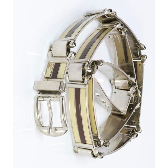 Gucci Sylvie chrome w ivory & red enamel stripes skinny belt - Picture 5 of 6